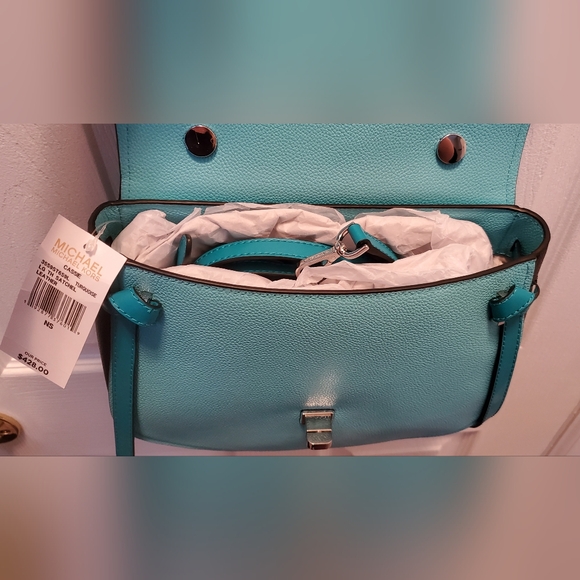 Michael Kors Large Satchel Turquoise Aqua Black Colorblock - BNWT 💙 - Picture 3 of 7